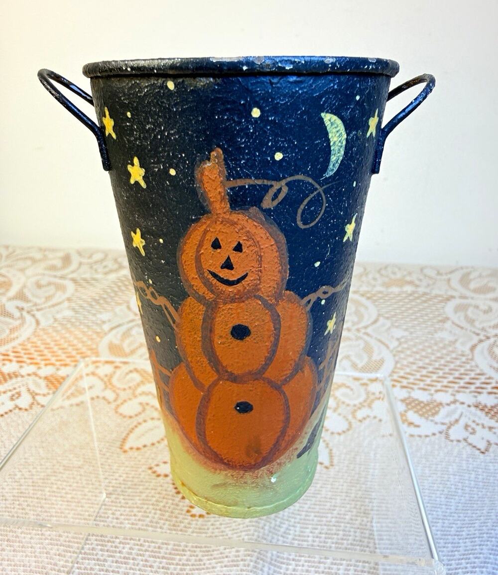 Hand-Painted Metal Jack-o'-Lantern Bucket Figurine Halloween Decor 4” 1 Pack